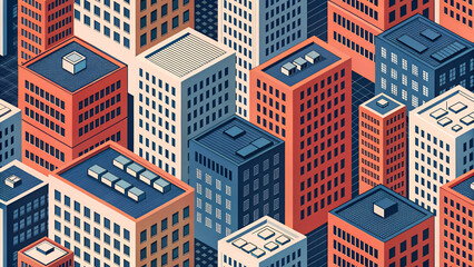Isometric city illustration featuring colorful buildings in a dense urban landscape perfect for architectural visualization and urban planning concepts Seamless pattern textile colorful