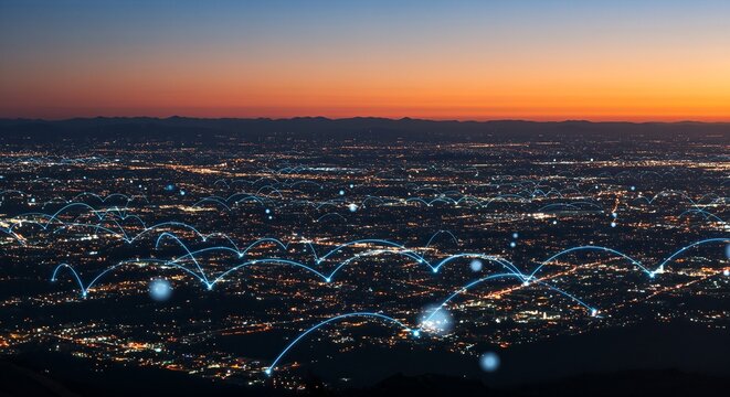 Stunning aerial view of a sprawling city at dusk illuminated by glowing network connections symbolizing global connectivity and digital innovation