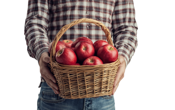 Man holding a basket full of fresh red apples wearing a plaid shirt showcasing harvest - Powered by Adobe