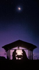 Fototapeta premium A silhouette scene of the Nativity, depicting the Holy Family adoring the baby Jesus, with a bright star overhead. ..Created with Generative AI, not depicting real subjects.