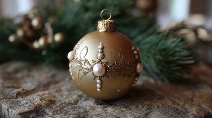 Elegant gold Christmas ornament decorated with glittering filigree patterns and pearl accents on a festive background