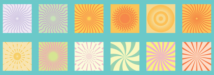 Groovy retro abstract sun backgrounds. Organic doodle shapes in trendy naive hippie 60s 70s style. Contemporary poster print banner template. Square wavy vector illustration in yellow colors.