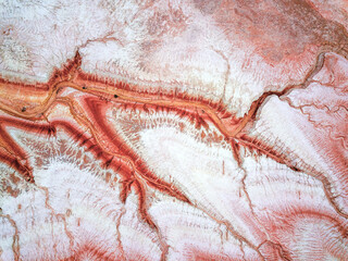Drone image of beautiful patterns from the natural dried water ways in Mangystau, Kazakhstan