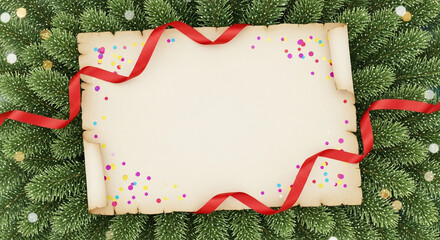Holiday greeting card surrounded by pine branches and confetti  