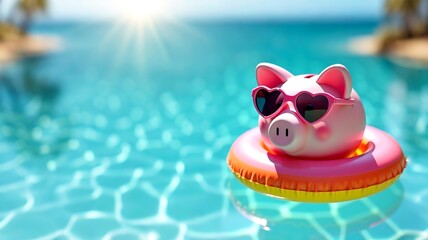 Close up of pink piggy bank with sunglasses and hat, sunny day sandy coast, summer vacation at sea beach or pool background. saving money concept