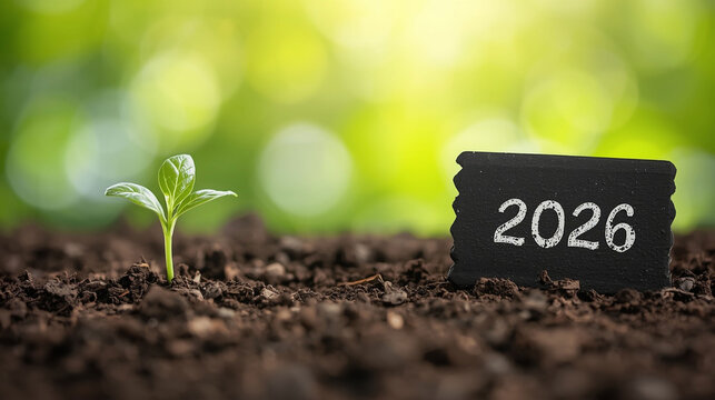 New Year Growth and Future Planning: Small Sprout Next to a Sign Board Showing the Year 2026 in Rich Soil
