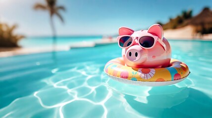 Close up of pink piggy bank with sunglasses and hat, sunny day sandy coast, summer vacation at sea beach or pool background. saving money concept