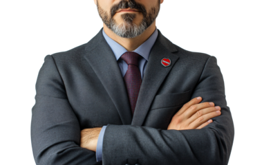 Man in a suit wearing a Movember lapel pin crossing his arms in a professional pose
