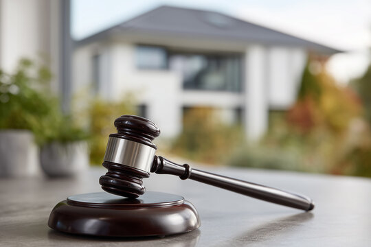 Wooden gavel rests on table with modern white house in background, symbolizing real estate law, property auctions, foreclosure disputes, property division after divorce
