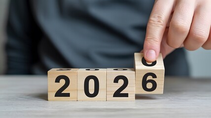 2026 new year change concept with hand flipping wooden number blocks on table