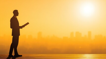 Fototapeta premium Man holding document in front of hazy city skyline at sunset
