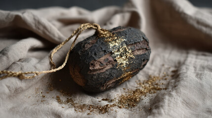 Rustic ornament wrapped in dark bark with gold glitter and linen background