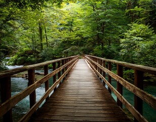 serene river walk traditional wooden bridge forest tranquil view