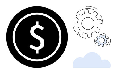 Dollar coin, rotating gears, and cloud represent finance, innovation, automation, technology, teamwork, data analytics and efficiency. Ideal for fintech strategy and growth conceptual themes