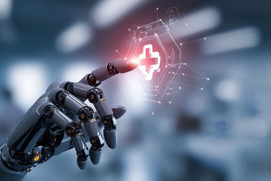 A robotic arm interacting with a digital healthcare interface. ..Created with Generative AI, not depicting real subjects.