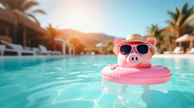 Close up of pink piggy bank with sunglasses and hat, sunny day sandy coast, summer vacation at sea beach or pool background. saving money concept
