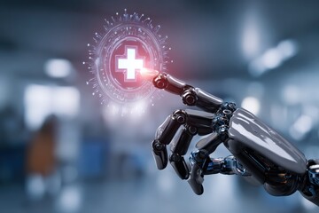 An image of a robotic hand interacts with a futuristic medical symbol, showcasing innovation in healthcare technology. ..Created with Generative AI, not depicting real subjects.
