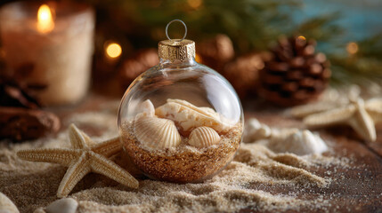 A glass Christmas ornament filled with sand and seashells surrounded by starfish, pinecones and warm candlelight creating a cozy coastal holiday atmosphere