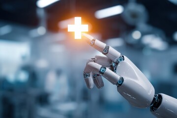 An advanced robotic hand delicately touches a digital plus sign. ..Created with Generative AI, not depicting real subjects.