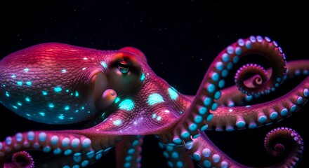 A mesmerizing view of the vibrant octopus in the deep ocean, featuring bioluminescent details