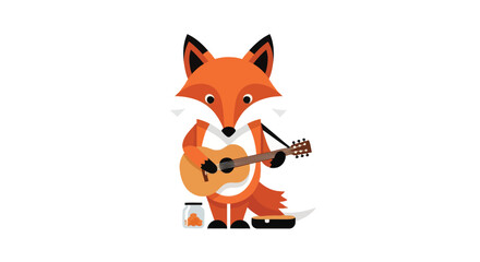 Obraz premium Cartoon fox busking, playing a guitar for money