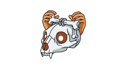 Cartoon of an animal skull held by hands