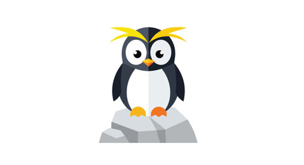 Cartoon penguin with yellow crest on gray rock