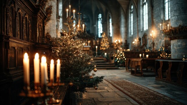 A captivating scene of an old church or cathedral's interior, adorned with candles and Christmas decorations. Candles cast a warm. ..Created with Generative AI, not depicting real subjects. - Powered by Adobe