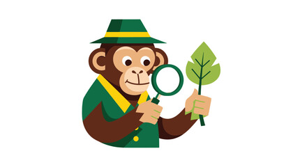 Ape detective inspects leaf with magnifying glass