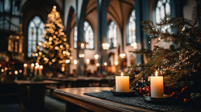 A captivating view of the adorned Christmas tree in an old church, filled with warm candlelight during the festive season. A symbol of peace. ..Created with Generative AI, not depicting real subjects.