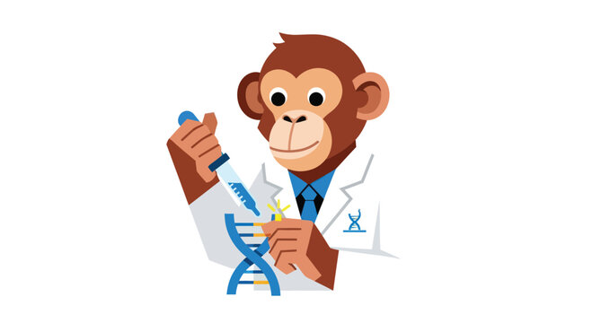 Flat, cartoonish monkey scientist with DNA