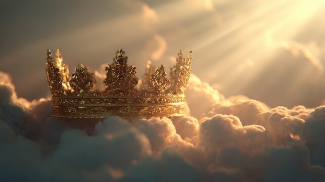 A golden crown resting amidst fluffy clouds, bathed in celestial sunlight, evoking a sense of divine sovereignty and regal splendor. ..Created with Generative AI, not depicting real subjects.