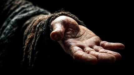 A weathered hand extended, reaching out, conveys a poignant message of desperation and seeking help. The image evokes empathy, hardship. ..Created with Generative AI, not depicting real subjects.