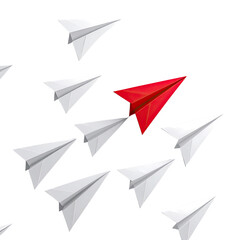 Naklejka premium Paper airplanes fly, one red, rest white, on black background