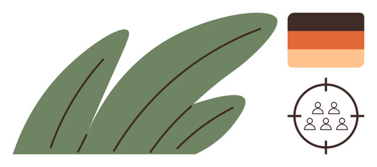 Abstract foliage paired with a national flag motif and a target over a group of people. Ideal for teamwork, environmental focus, precision, national strategy, community, goal setting, and leadership
