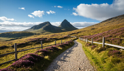 A scenic winding gravel path leading through open moorland toward a dramatic rocky mountain
