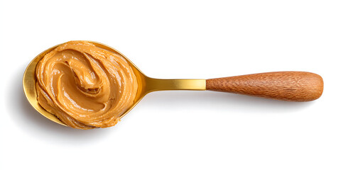 Overhead shot of peanut butter resting in a spoon, shown cleanly isolated on a white backdrop.