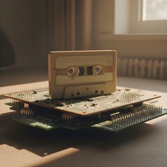 Cassette resting on recycled motherboard surface