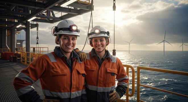 Two smiling female engineers standing on an offshore wind farm platform, working towards renewable energy solutions.