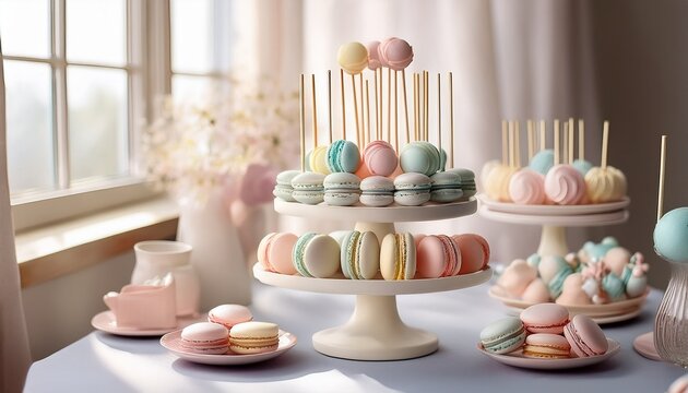 pastel cake pops on tiered stands with matching macarons airy daylight minimal elegant dessert table styling - Powered by Adobe
