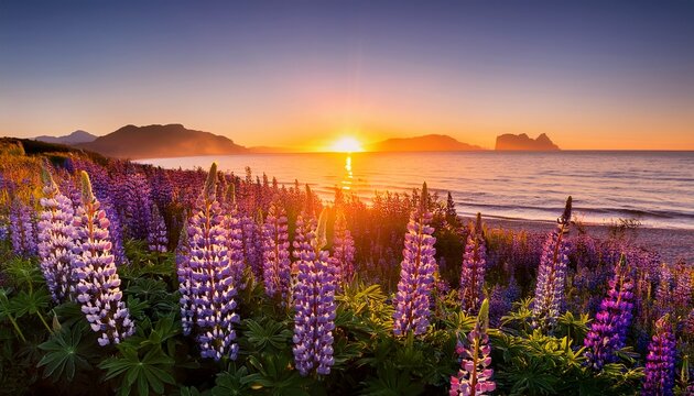 sunrise over lupine flowers by the ocean nature photography serenity