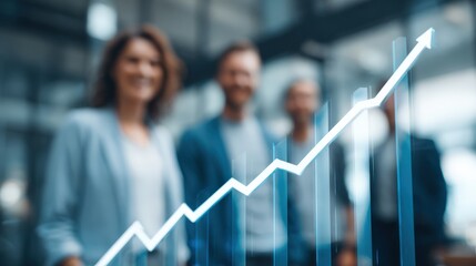 A dynamic team, set against the backdrop of an office environment, focused on the trajectory of the positive trend. ..Created with Generative AI, not depicting real subjects.