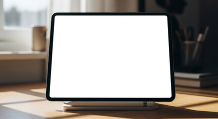 Fototapeta premium Title: High-Resolution Tablet Mockup on Wooden Desk with Blank Screen for App UI Design Presentation and Digital Product Showcase