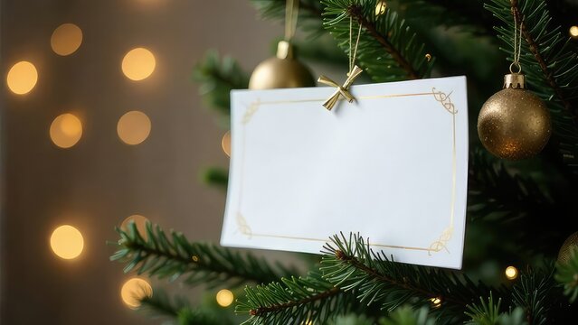 Business card with copy space. Mockup design of gift card or certificate with empty place for text hanging on the Christmas tree background. Invitation card. New year postcard. Concept of holidays.