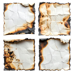 Four pieces of aged paper with burnt edges and crumpled textures