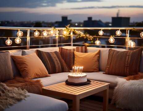 cozy rooftop lounge corner with cushions and fairy lights small birthday cake on table intimate boho vibe