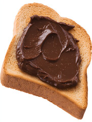 A low-angle view of toast topped with chocolate spread, isolated on a white background.