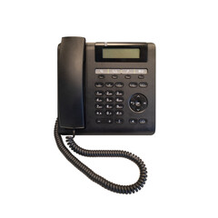 black office telephone with a coiled cord and a numeric keypad is shown against a white background.
