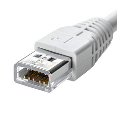 White USB connector close-up showing gold pins. Cable connects tech