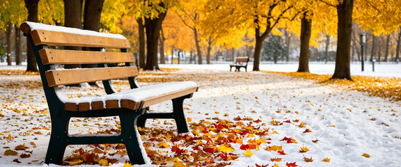 Colorful autumn leaves scattered across a snow-covered wooden bench in a park